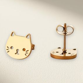 Серьги-гвоздики золотистые в милом стиле с вырезанной мордочкой котика, нержавеющая сталь, 1 см