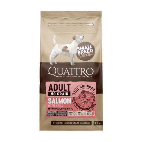 Сухий корм для собак дрібних порід з лососем та крилем Quattro Adult Salmon Small Breed, 1.5 кг