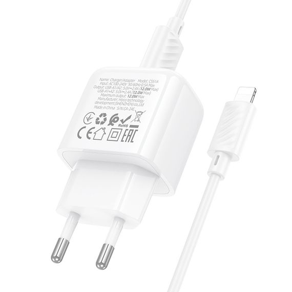 СЗУ Hoco CS51A Surplus (2USB-A) + кабель USB to Lightning White | Зображення 6