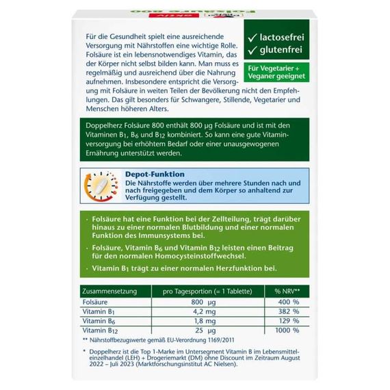 Вітаміни "Doppelherz" Фолієва кислота + В1 + В6 + В12 для нервової та серцево-судинної систем, мозку, імунітету, 60 шт., Німеччина | Зображення 1