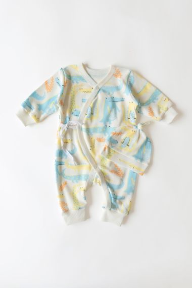 Комплект одягу ромпер кімоно + шапочка принт Крокодил світлий від народження до 6 міс