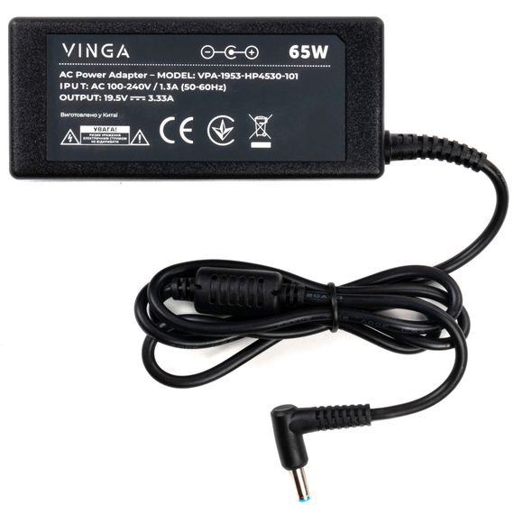 Блок живлення до ноутбуку Vinga HP 65W 19.5V 3.33А 4.5*3.0 (VPA-1953-HP4530-101) | Зображення 1