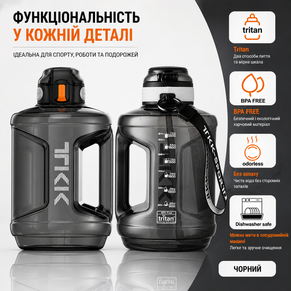Спортивная бутылка TKK 2300 мл (2.3 л) : ударопрочный Tritan BPA-free, с ручкой и клапаном, Черная | Зображення 8