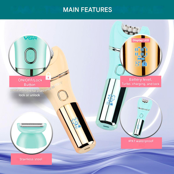 Епілятор VGR 7 в 1 V-756 GREEN, 7 насадок, IPX7 (46269-V-756 GREEN_708) | Зображення 6