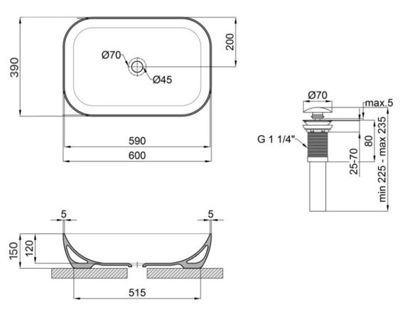 Комплект Qtap Robin: Раковина накладна прямокутна 600x390x150 мм Matt Black + Донний клапан PU03 (QT132143PMBMBN47296) | Зображення 1
