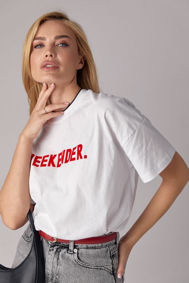 Трикотажная футболка с надписью Weekender - белый с красным цвет, S (есть размеры) | Зображення 6