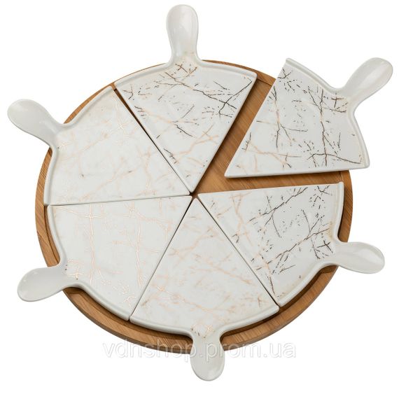 Тарелка для пиццы 28 см фарфоровая с бамбуковой вращающейся подставкой, секционная HP1213 | Зображення 2