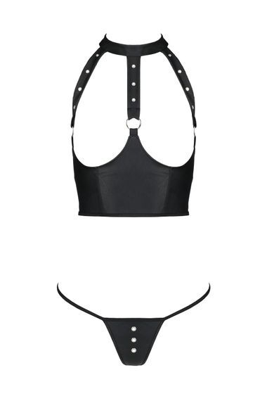 Комплект білизни з відкритими грудьми Passion GENEVIA SET WITH OPEN BRA XXL/XXXL black, корсет, стрі | Зображення 2