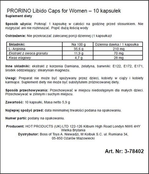 Капсули жіночі PRORINO Premium для підвищення лібідо (ціна за упаковку, 10 капсул) | Зображення 1