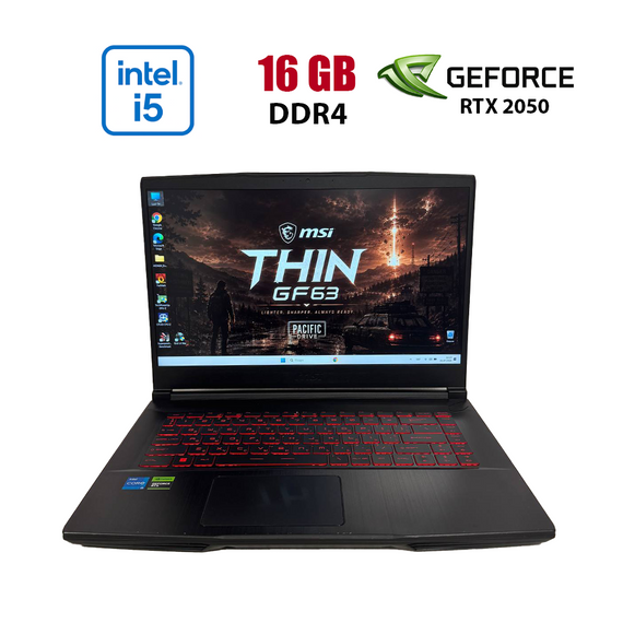 Ігровий  ноутбук Б-клас MSI Thin GF63 12UCX / 15.6" (1920x1080) IPS / Intel Core i5-12450H (8 (12) ядер по 3.3 - 4.4 GHz) / 16 GB DDR4 / 512 GB SSD / nVidia GeForce RTX 2050, 4 GB GDDR6, 64-bit / WebCam б/в