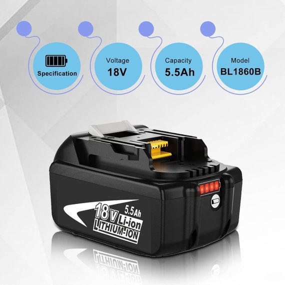 Акумулятор Dosctt 18V 5500mAh для Makita BL1860B, BL1850B, BL1830B, BL1840B, LED-індикатор, комплект 2 шт. 5.5 Ah | Зображення 1