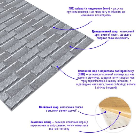 Самоклеюча 3D панель кладка срібло 3080x700x5мм SW-00001760 | Зображення 2