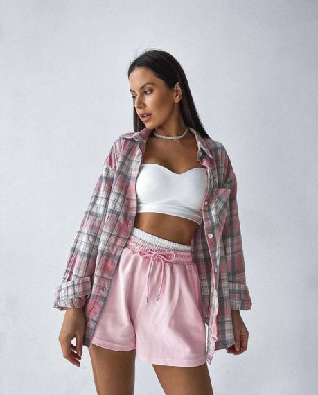 Женские короткие трикотажные шорты с двойным поясом цвет розовый размер 42/46 PP027 | Зображення 1