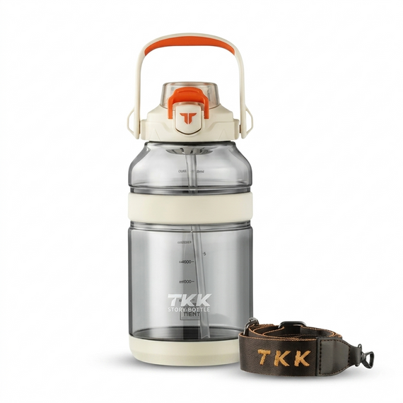 Спортивная бутылка TKK 2000 мл, Tritan (BPA-free), белая. Ударопрочная бутылка с трубочкой и ремешком для фитнеса и тренировок | Зображення 1
