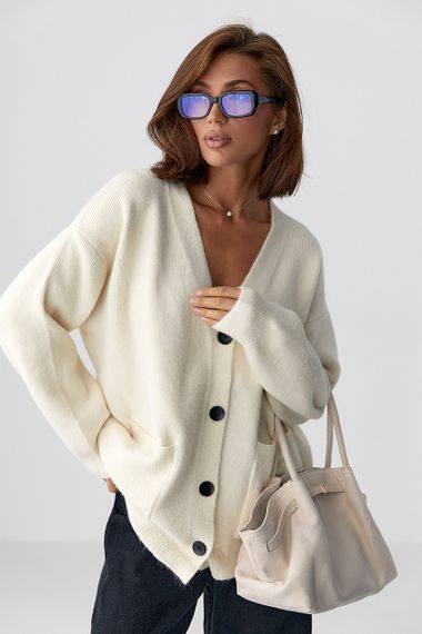 В'язаний кардиган із накладними кишенями - молочний цвет, ONE SIZE (є розміри)