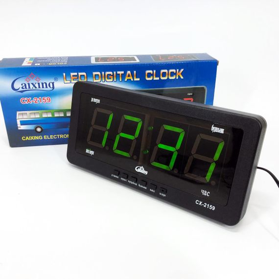 Годинник електронний Caixing CX 2159 12В 220В Настільні Настінні Будильник Чорний корпус Зелені цифри | Зображення 7