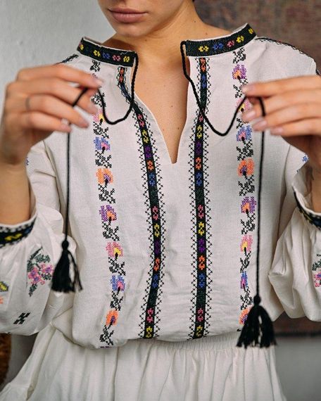 Жіноча вишиванка з льону вишита сорочка з довгим рукавом етнічний одяг лляна блуза з вишивкою жіноча | Зображення 3