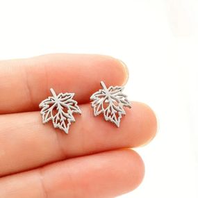 Сережки-цвяшки кленові листки сріблясті, нержавіюча сталь, 1.2 см