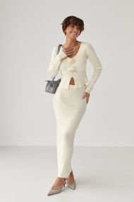 Приталений костюм в рубчик з кофти та спідниці - молочний цвет, ONE SIZE (є розміри)
