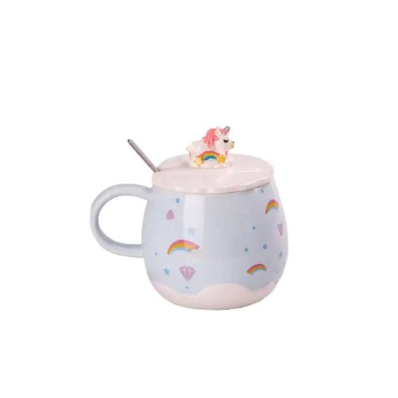 Чашка порцелянова Rainbow Ceramic Mug 400ml з кришкою і ложкою Блакитний HPCY8278BL