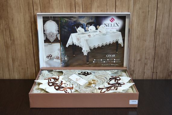 Льняная скатерть с ранером Selin Selin Cinar Set 160×300+12 салфеток кремовая | Зображення 1