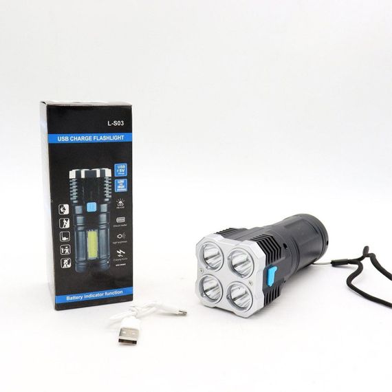 Ручний акумуляторний ліхтарик з USB-зарядкою, до 200 м, X-509-4LED+COB / Потужний кемпінговий ліхтар з бічним світлом | Зображення 9