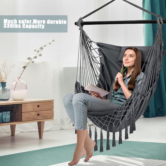 Подвесное кресло качеля с 2 подушками до 150 кг для помещения улицы, комнаты, террасы, сада, серый поли-хлопок | Зображення 4