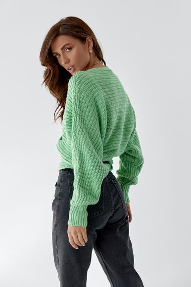 Коротка в'язана кофта із запахом та поясом QU STYLE - салатовий цвет, ONE SIZE (є розміри) | Зображення 1