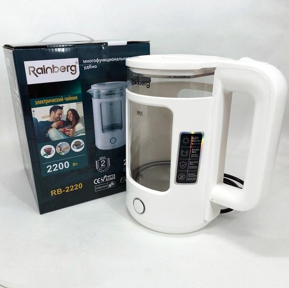 Електрочайник Rainberg RB-2220 скляний дисковий прозорий. Чайник із підсвічуванням 2200W. WA-312 Колір: білий | Зображення 2