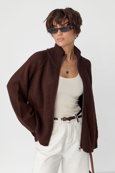 В'язаний кардиган на блискавці вільного фасону - коричневий цвет, ONE SIZE (є розміри) | Зображення 5