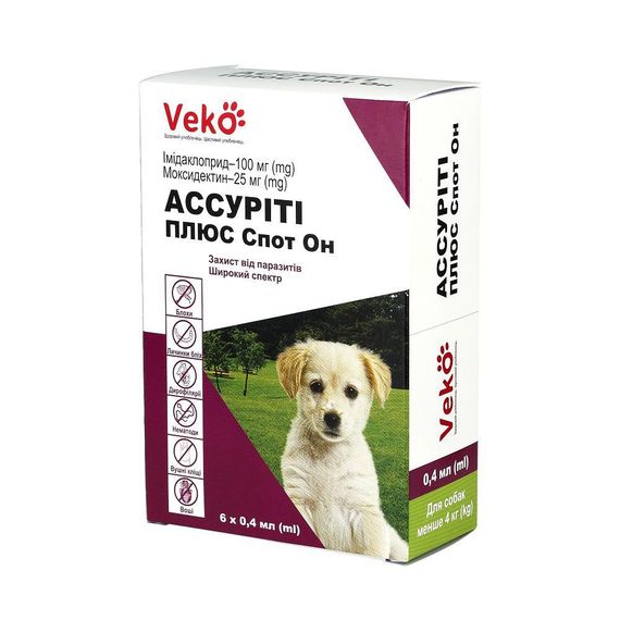 VEKO Ассуріті Плюс Спот Он для собак до 4 кг (6 х 0,4 мл; пак)
