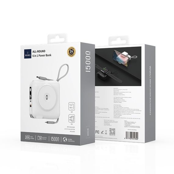 Портативное ЗУ Power Bank WIWU Wi-P051 6 in 1 PD45W с БЗУ 15000 mAh White | Зображення 5