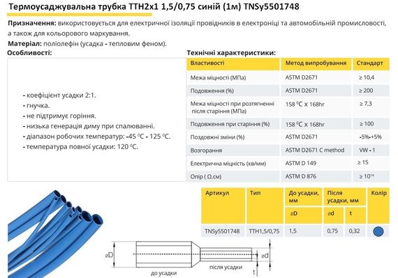 Термоусадочна трубка ТТН2х1 1.5/0.75 синя 1 метр Ny95501748 | Зображення 1