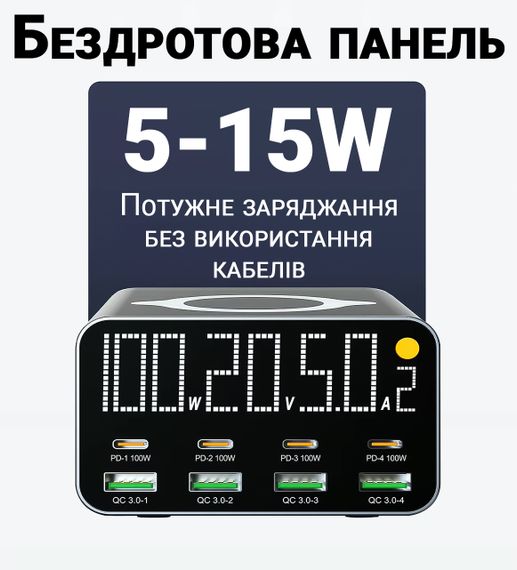 9в1 Многопортовое зарядное устройство Addap MCS-M1, док-станция для зарядки на 4 Type-C + 4 USB-A + беспроводная панель, 120W | Зображення 7