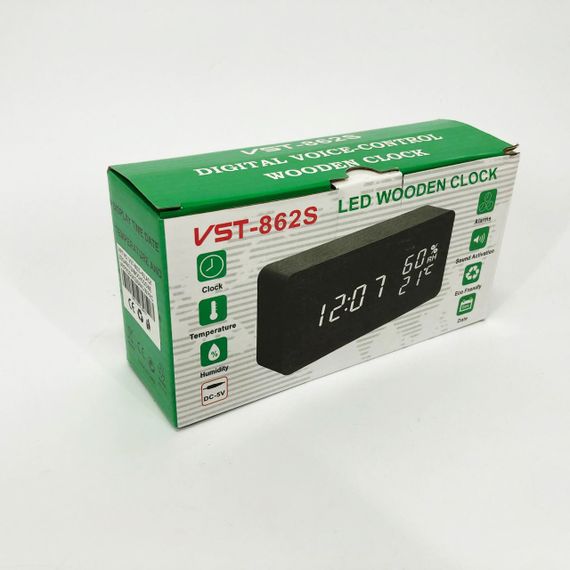 Электронные настольные часы VST-862S-4 черные с зеленой подсветкой, с датчиками температуры и влажности | Зображення 4