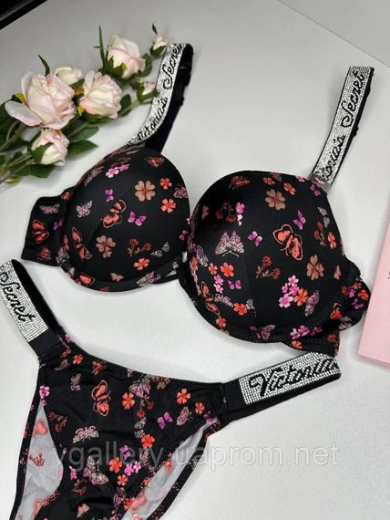 Комплект жіночої спідньої білизни Victoria's Secret чорний з квітами | Зображення 3