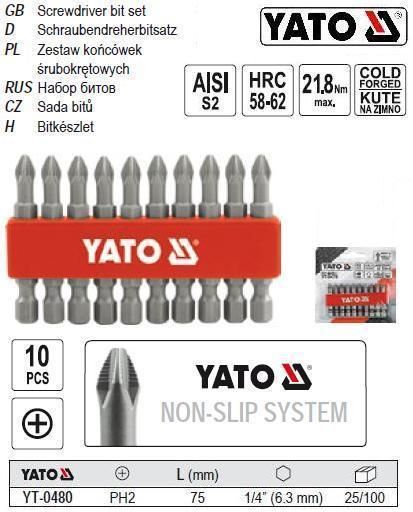 Набор насадка бита PН2 YATO Польша 1/4" l=75 мм 10 штук YT-0480