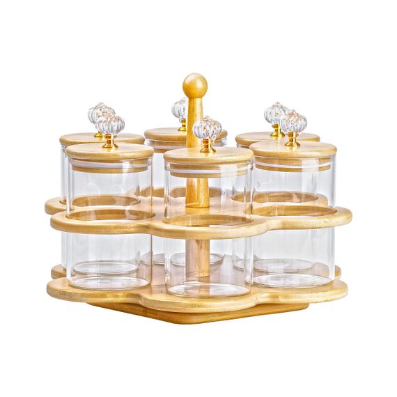 Банки для сыпучих продуктов набор из 6 штук по 580 мл на деревянной подставке HP16292 | Зображення 1