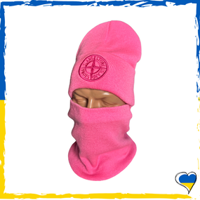 Комплект Stone Island рожевий шапка и баф на флісі. Набір теплий. Чоловічий, жіночий, підлітковий, дитячий