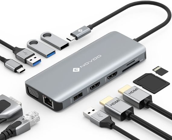 Док-станция NOVOO 11 в 1 RM11 HUB USB-хаб с тремя дисплеями 4K HDMI+VGA USB C NVHUBGY11PDNS-1