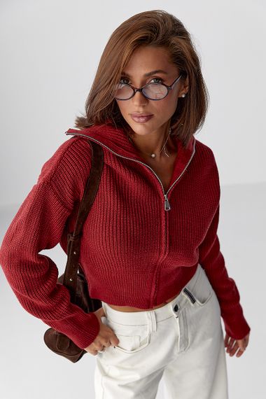 Короткий в'язаний кардиган на блискавці - темно-червоний цвет, ONE SIZE (є розміри)