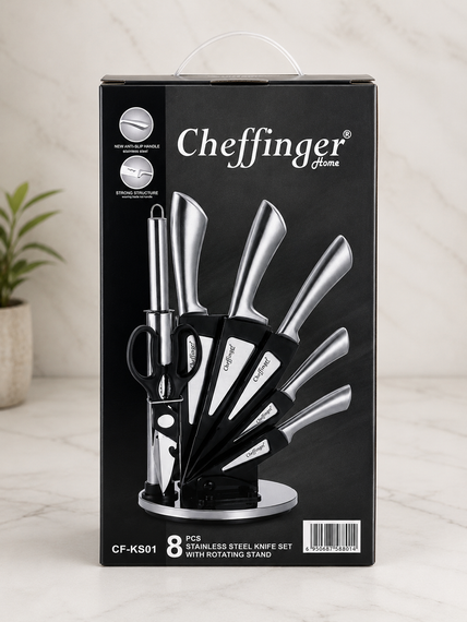 Набір кухонних ножів Cheffinger CF-KS01 8 предметів на обертовій підставці 360° з нержавіючої сталі 3CR13, шеф-ніж, ніж для хліба | Зображення 2