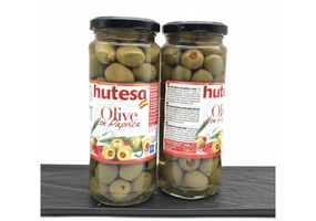 Великі іспанські Оливки зелені фаршировані паприкою (червоним перцем) Hutesa, 340г, Іспанія