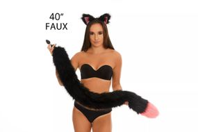 Анальний хутряний хвіст без пробки, Чорний з яскраво-рожевим кінчиком, OKOVA 100 см. Sex Aura