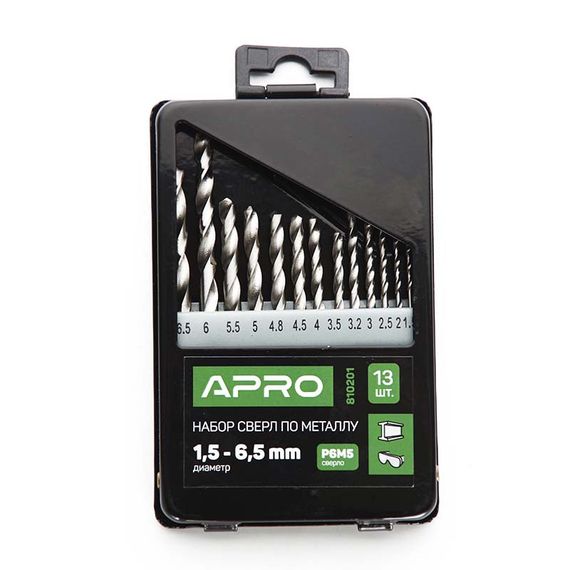 Набір свердел для металу Р6М5 метал бокс 1,5-6,5 мм 13 шт APRO 8102011 | Зображення 2