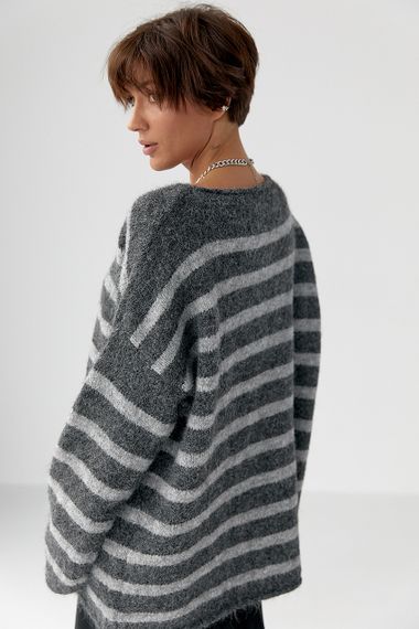 Тепла в'язана кофта oversize у смужку - сірий цвет, ONE SIZE (є розміри) | Зображення 1