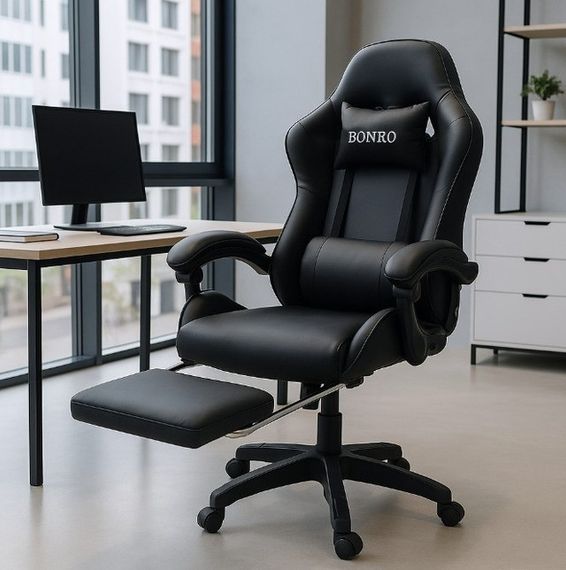 Крісло геймерське Bonro Бонро B-945 чорне з підставкою для ніг (42401105) | Зображення 7