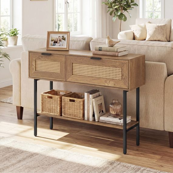 Стол-консоль Costway Stockholm Rattan с полкой в прихожую лофт натуральный | Зображення 2