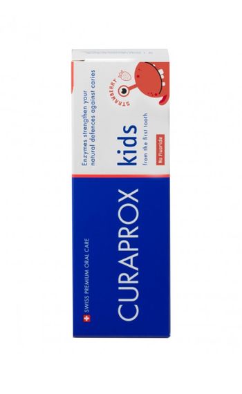 Дитяча зубна паста Curaprox TPkids0S (60 ml) з полуничним смаком. Не містить фторид. Для малюків від першого зуба. | Зображення 1