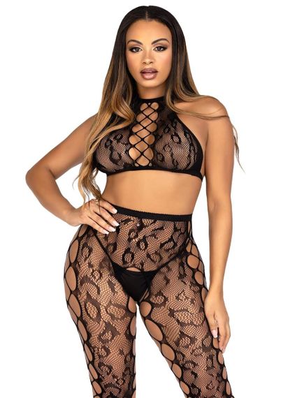 Комплект Leg Avenue Crop Top & Crotchless Tights One Size Black Sex Aura